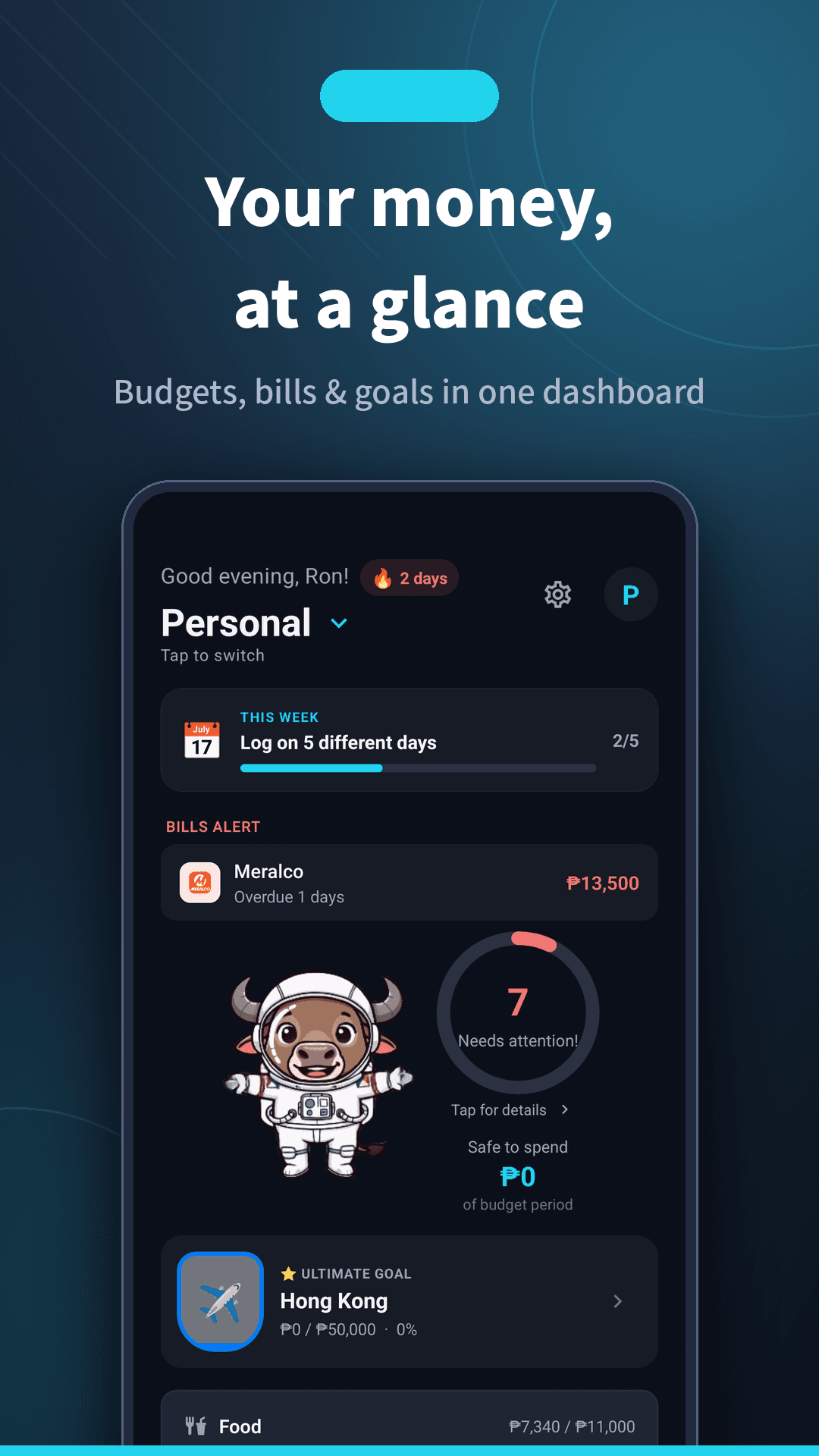 Sentimo dashboard showing budgets, bills, and goals at a glance