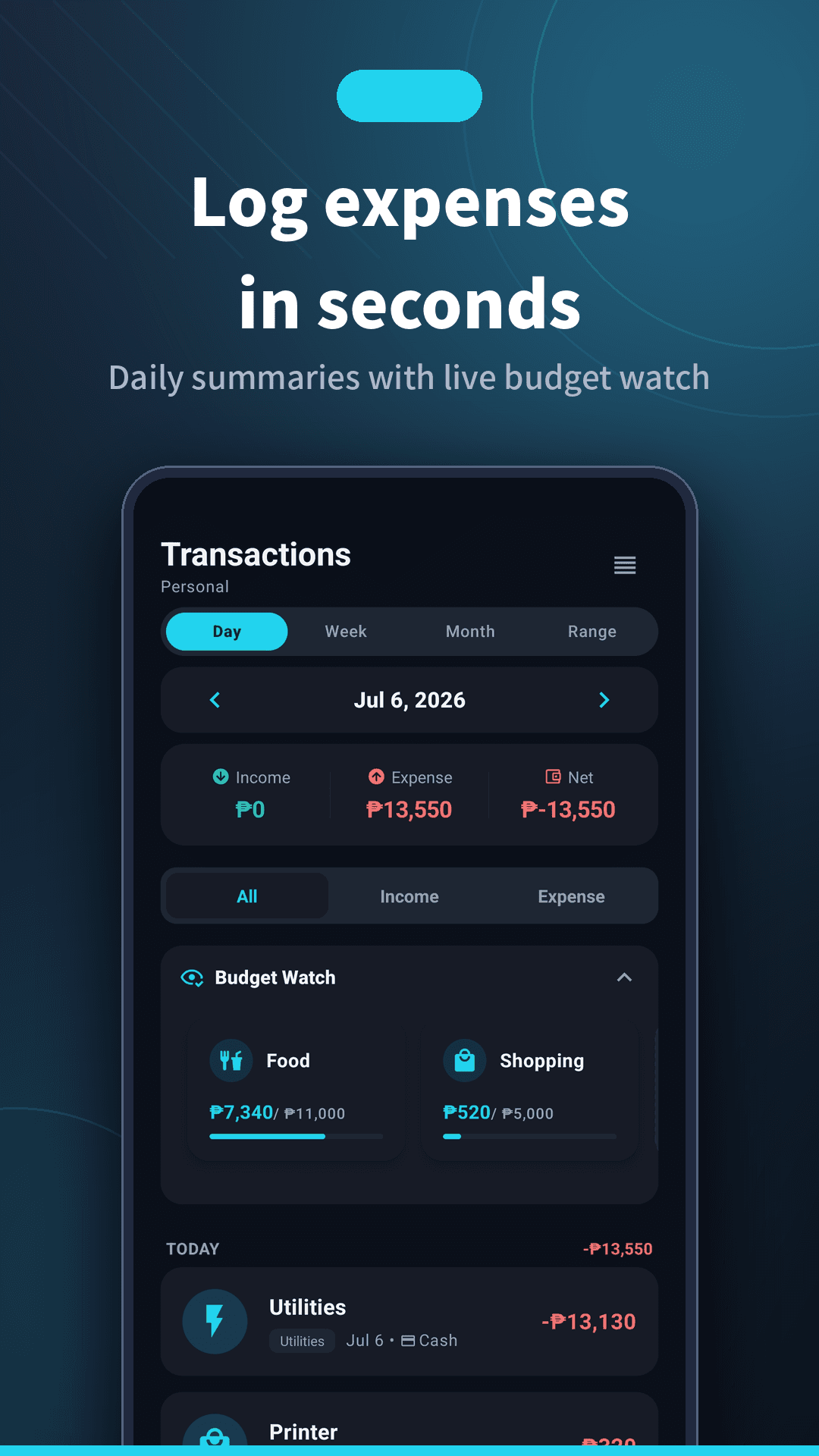 Sentimo transactions screen showing daily spending with live budget watch