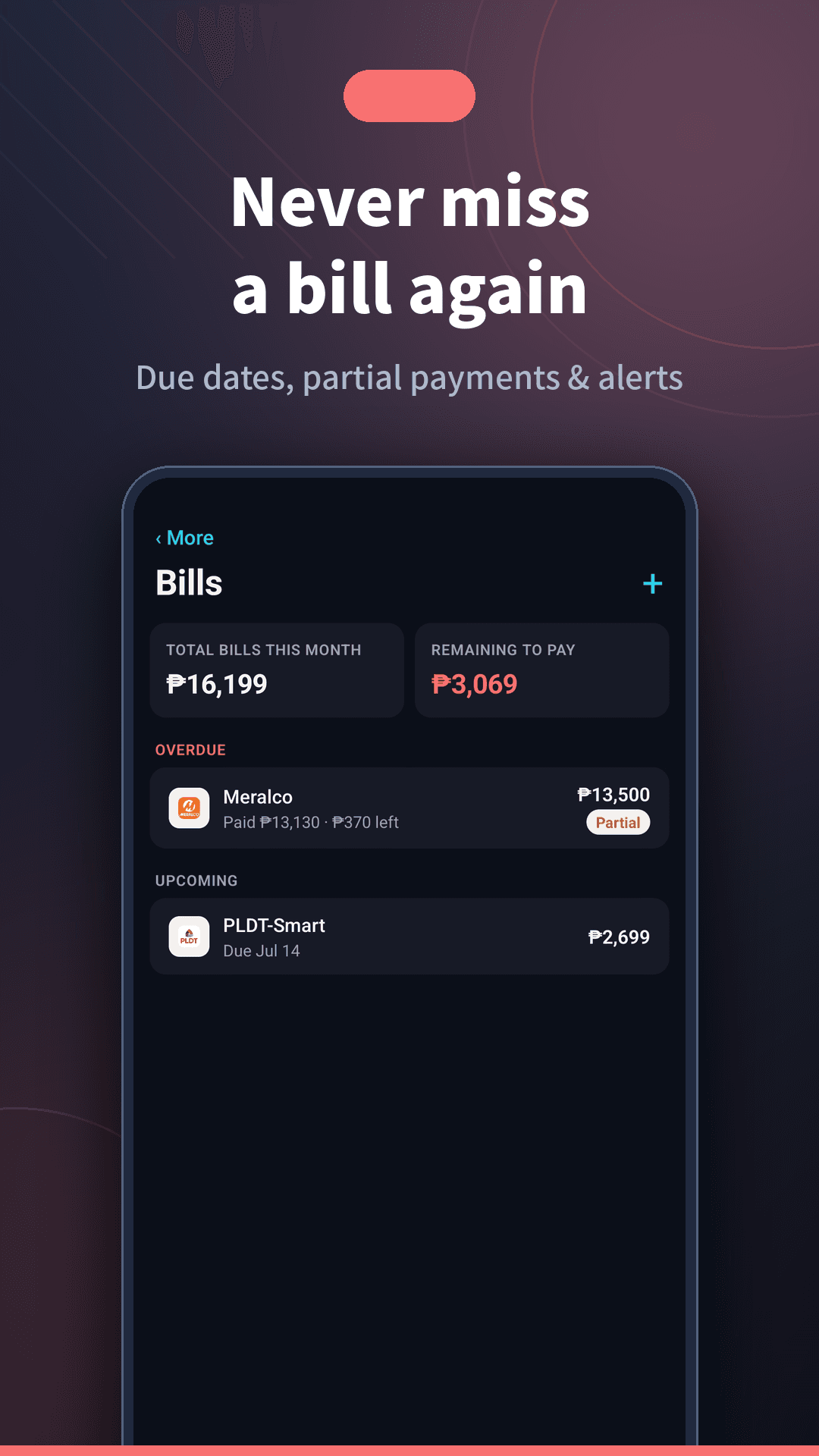 Sentimo bills screen with overdue and upcoming payments