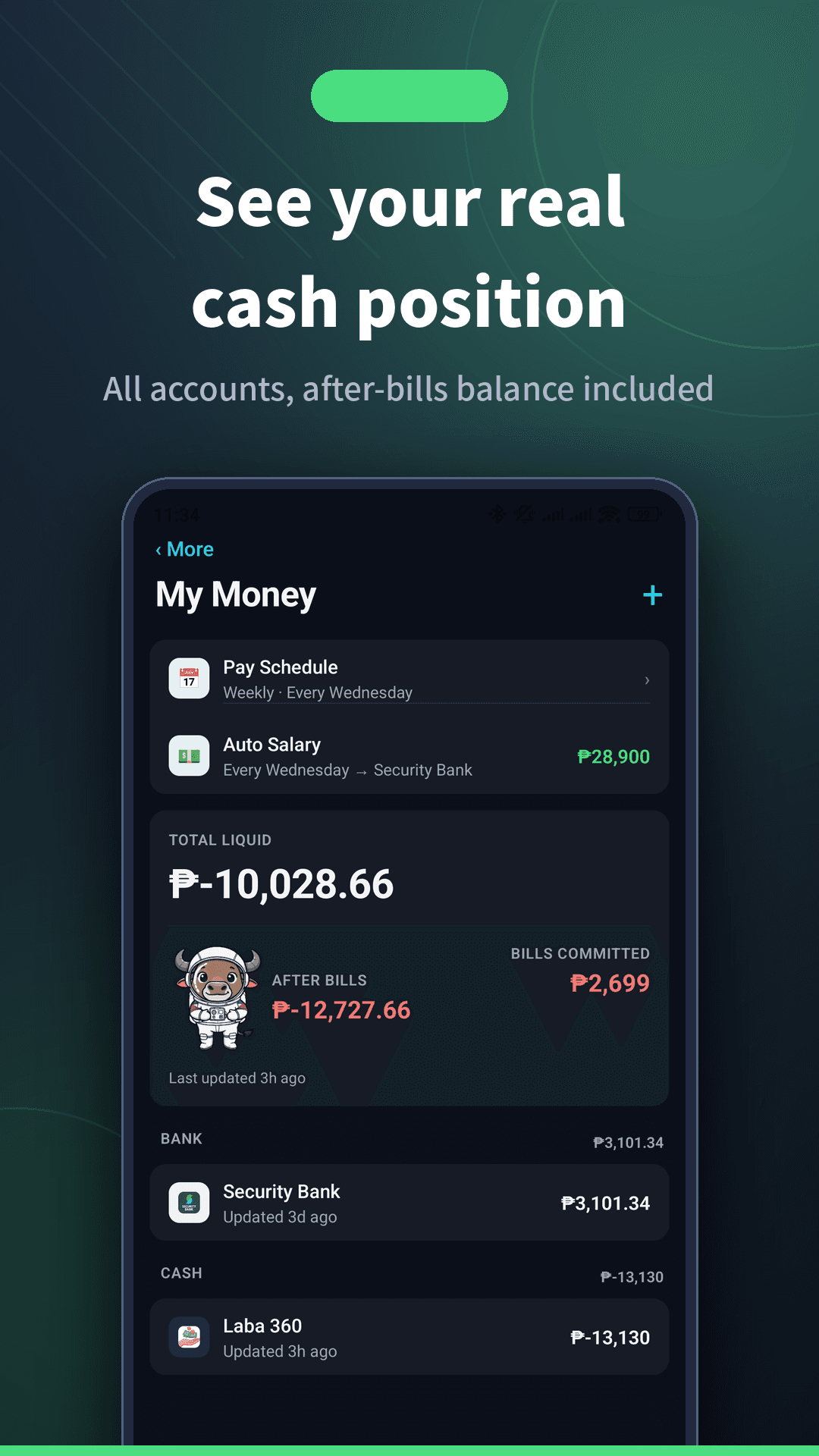 Sentimo My Money screen showing total liquid balance across accounts