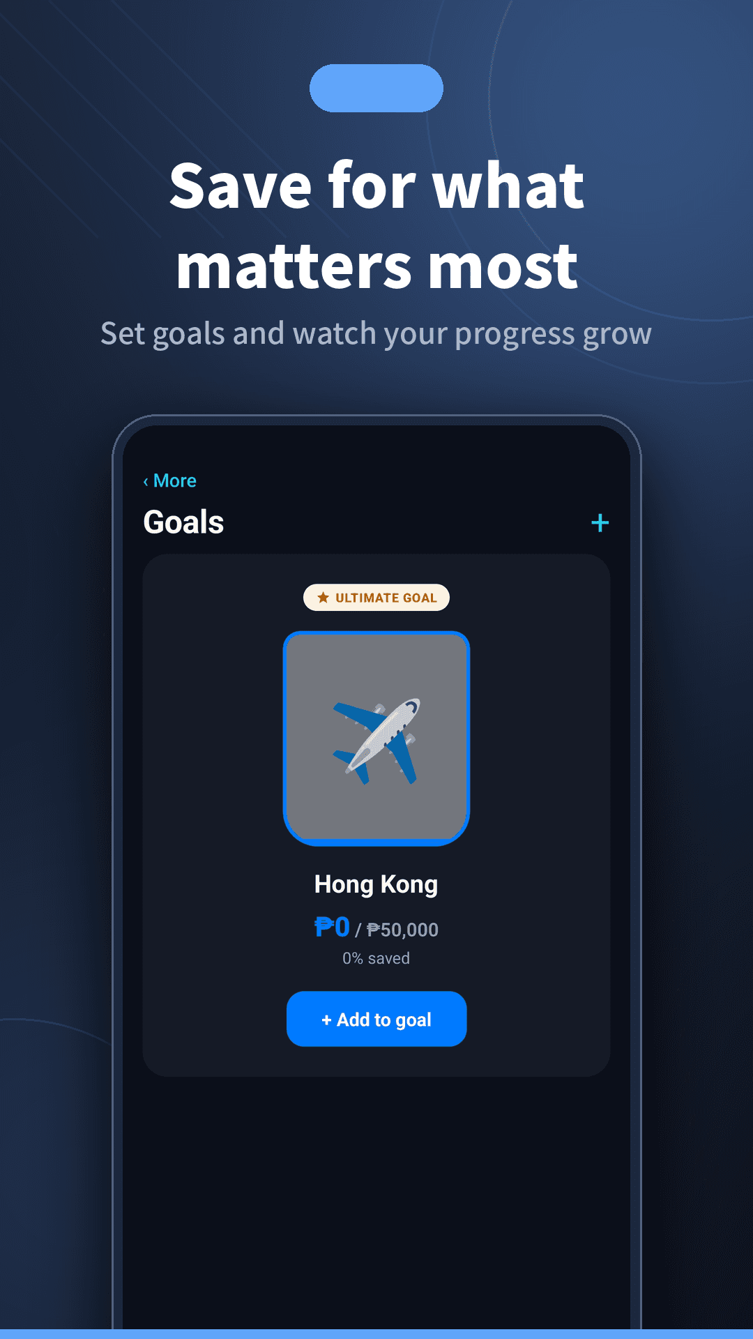 Sentimo goals screen with an ultimate savings goal