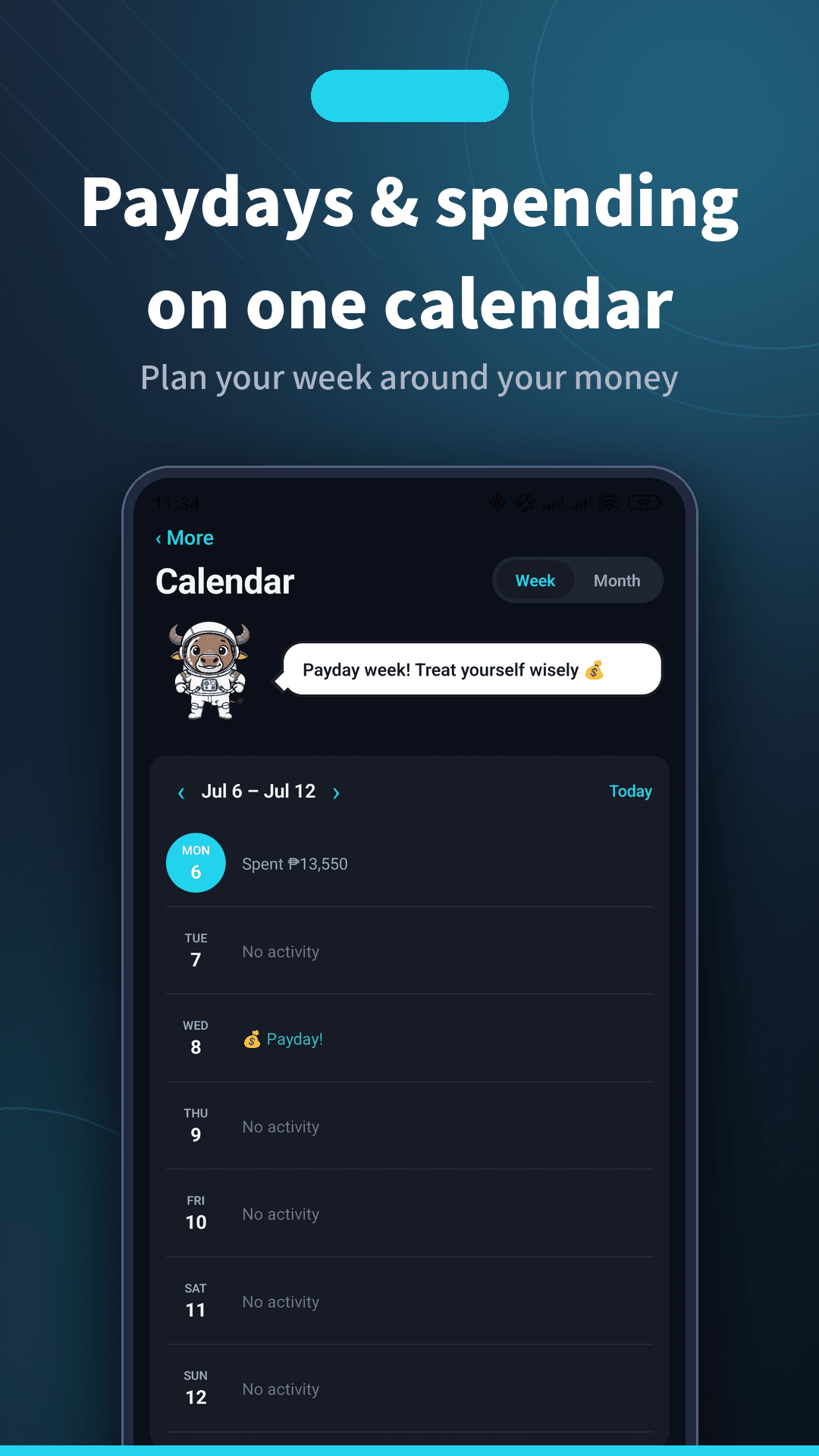 Sentimo calendar showing paydays and daily spending