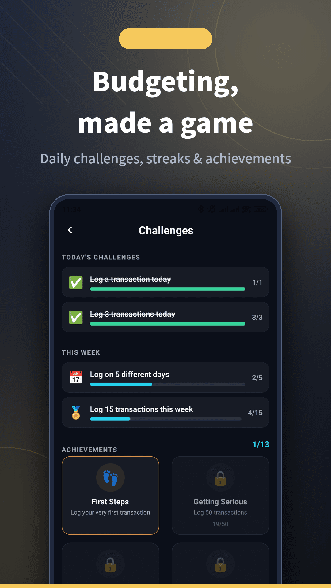 Sentimo challenges, streaks and achievements screen