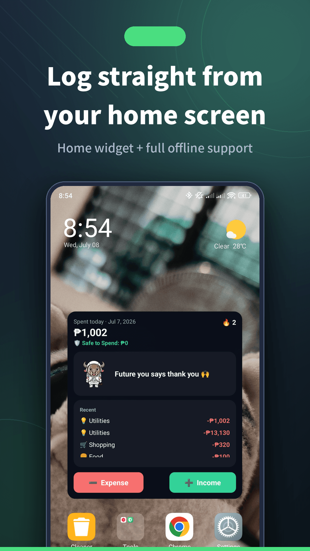 Sentimo home screen widget for quick expense logging